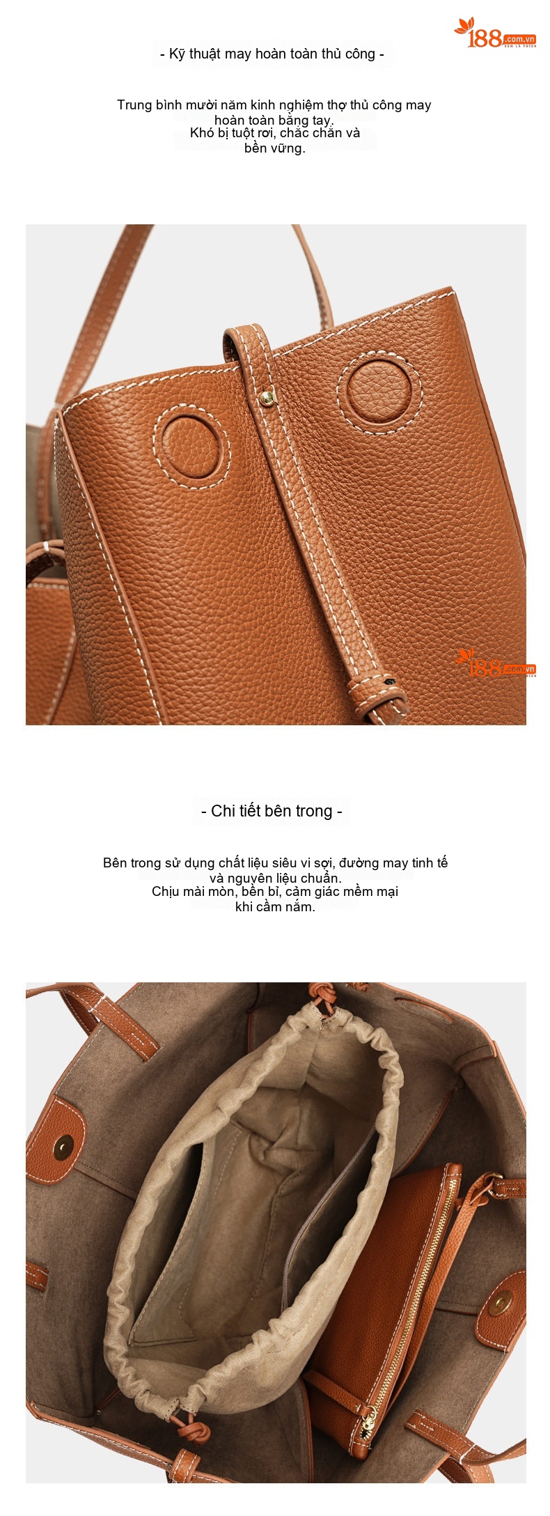 Túi Tote Da Thật Đeo Vai/Xách Tay Sức Chứa Lớn Phong Cách Công Sở Màu Nâu, Be chi tiết 18