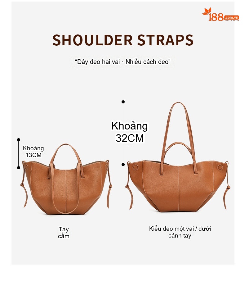 Túi Tote Da Thật Đeo Vai/Xách Tay Sức Chứa Lớn Phong Cách Công Sở Màu Nâu, Be chi tiết 7