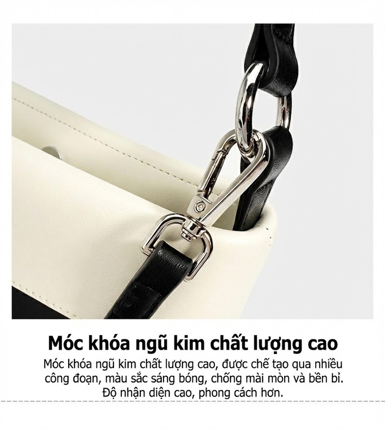 Túi Tote Da Thật Sức Chứa Lớn Đeo Vai, Xách Tay Màu Đen, Trắng chi tiết 10