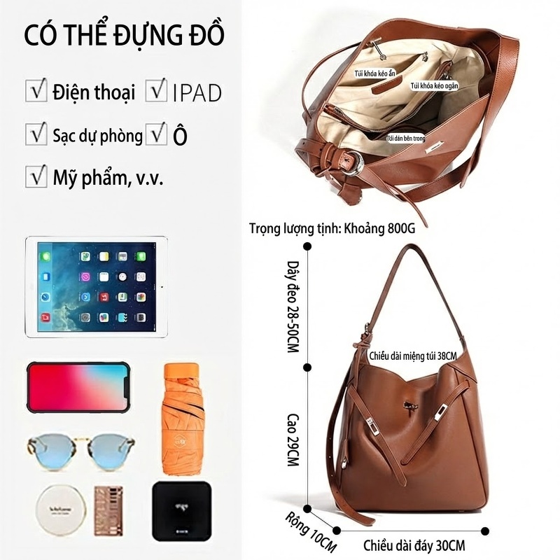 Túi Tote Da Thật Thiết Kế Độc Đáo Đeo Vai Sức Chứa Lớn Màu Nâu, Đen