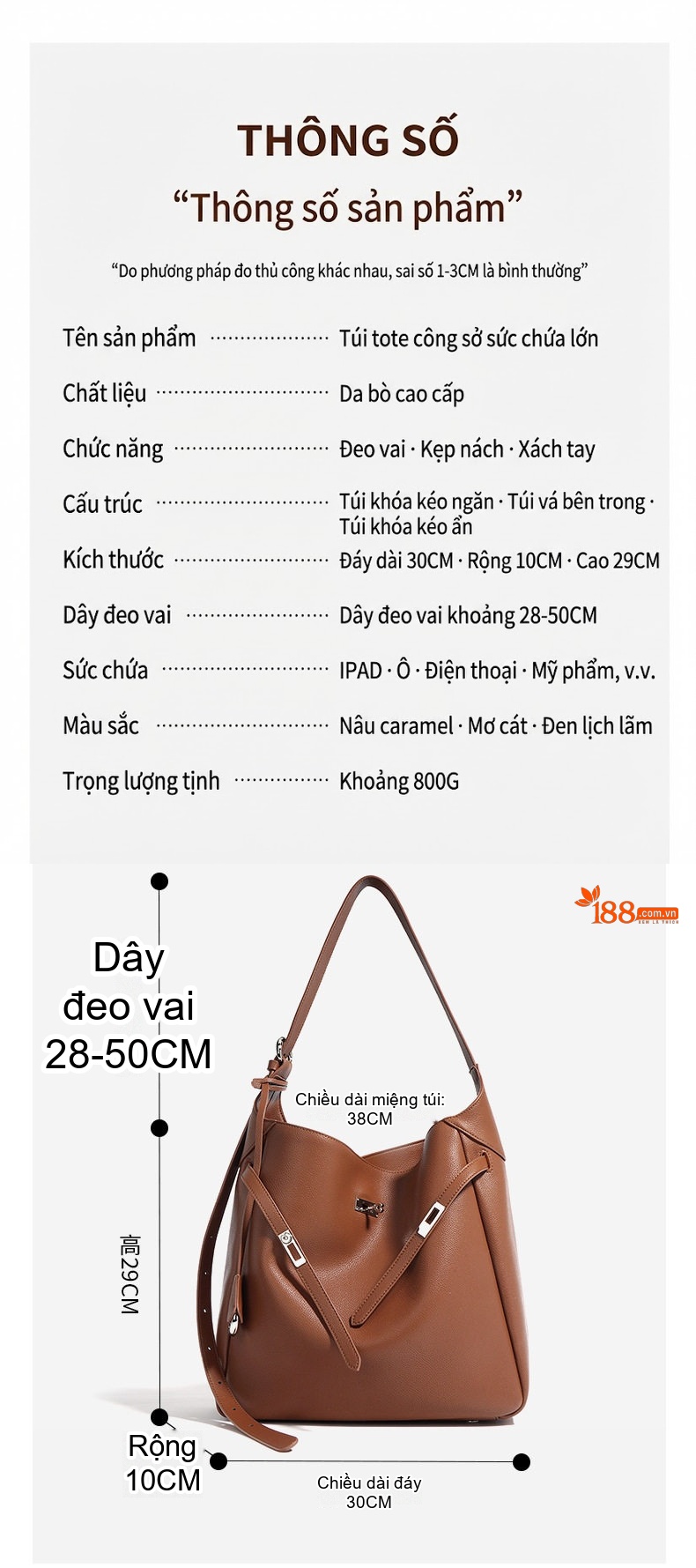 Túi Tote Da Thật Thiết Kế Độc Đáo Đeo Vai Sức Chứa Lớn Màu Nâu, Đen chi tiết 2