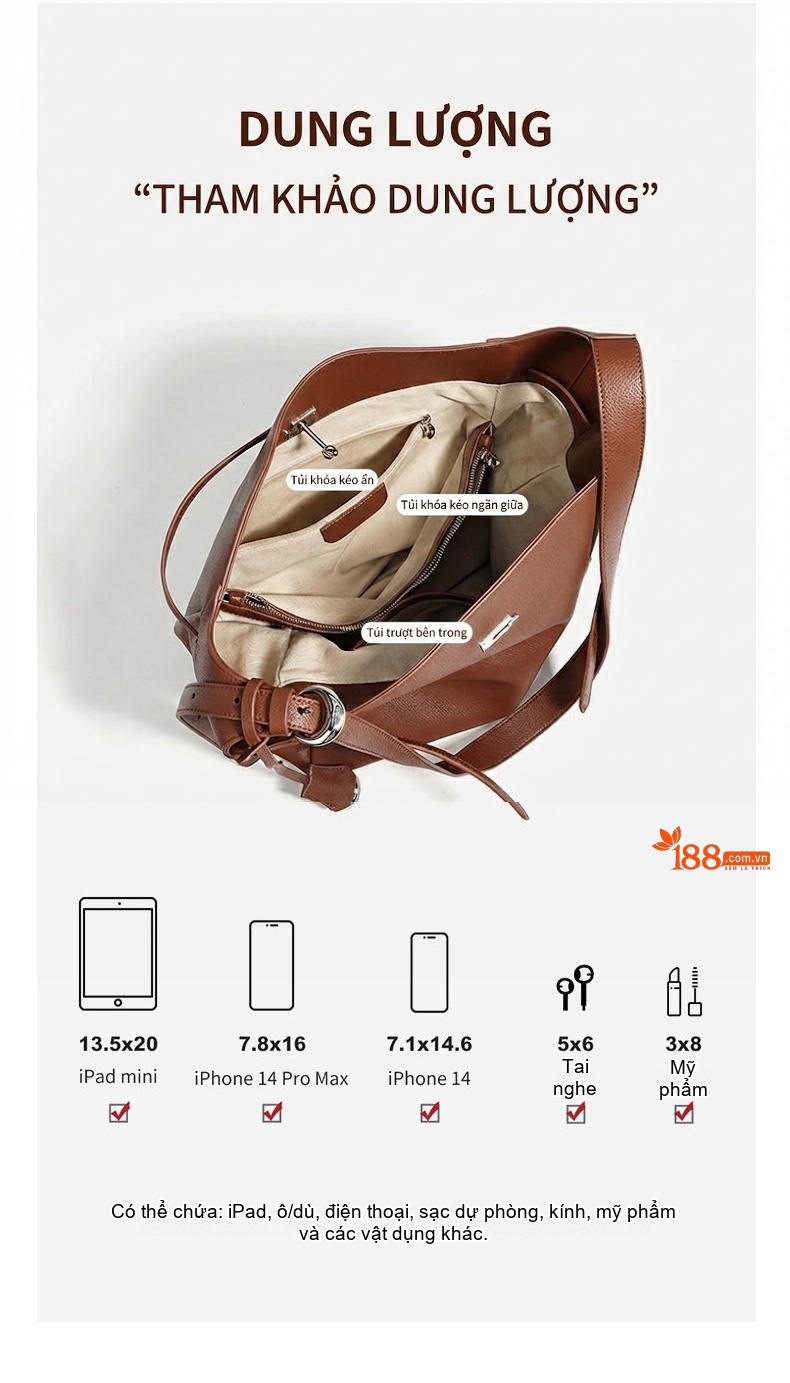 Túi Tote Da Thật Thiết Kế Độc Đáo Đeo Vai Sức Chứa Lớn Màu Nâu, Đen chi tiết 3