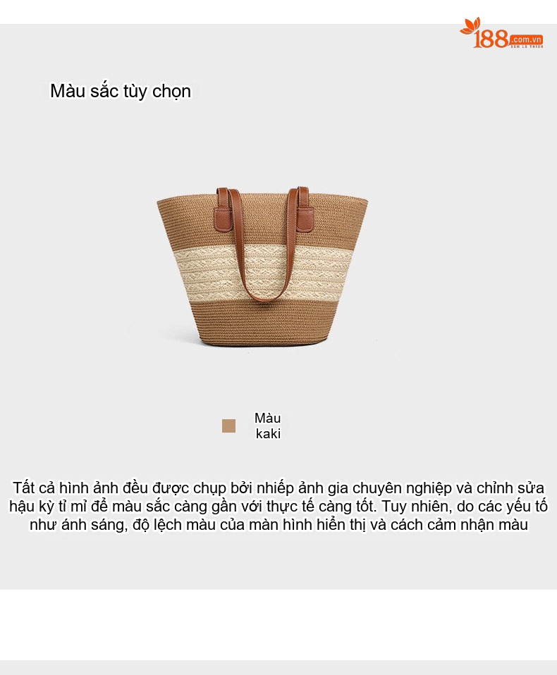 Túi Tote Đan Cói Sức Chứa Lớn Đi Biển, Đi Chợ Màu Nâu, Kem chi tiết 5