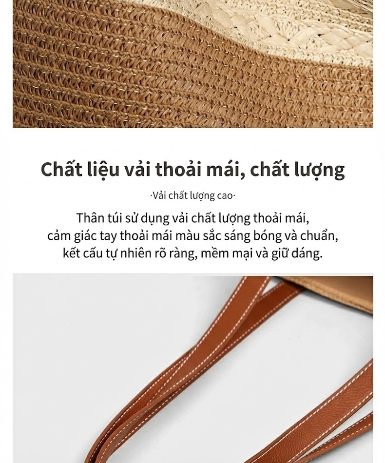 Túi Tote Đan Cói Sức Chứa Lớn Đi Biển, Đi Chợ Màu Nâu, Kem chi tiết 10