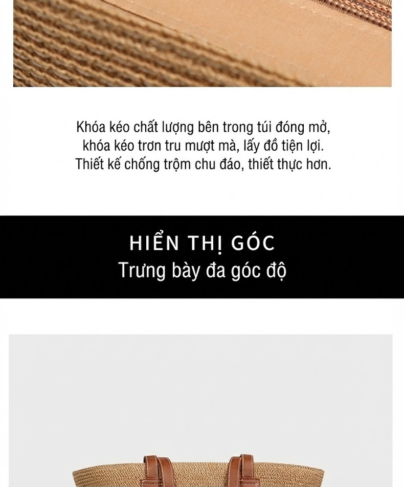 Túi Tote Đan Cói Sức Chứa Lớn Đi Biển, Đi Chợ Màu Nâu, Kem chi tiết 12