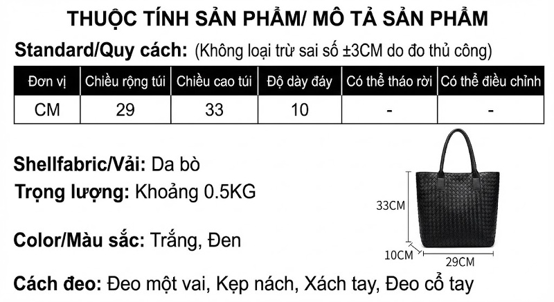 Túi Tote Đan Dây Da Bò Sức Chứa Lớn Màu Đen, Trắng chi tiết 1