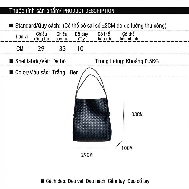 Túi Tote Đan Dây Da Bò Sức Chứa Lớn Màu Đen, Trắng chi tiết 16