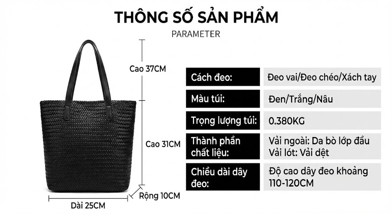 Túi Tote Đan Lát Nữ Da Bò Đựng Vừa A4 Phong Cách 2025 Màu Đen, Trắng chi tiết 21
