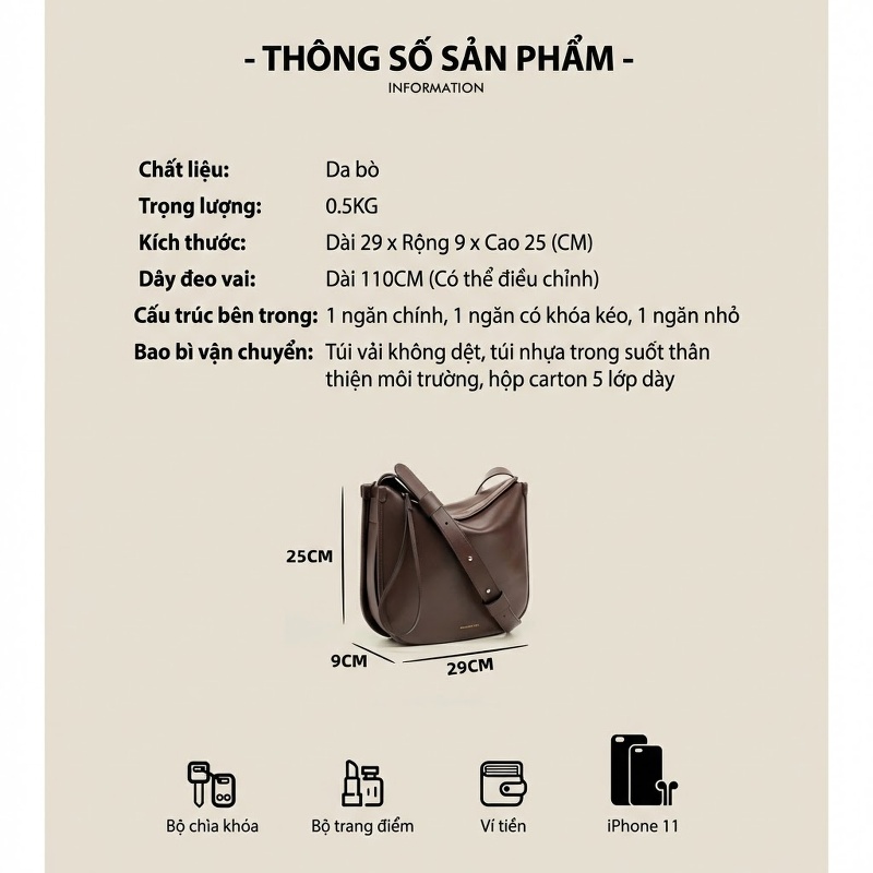 Túi Tote Đeo Chéo Nữ Da Bò Sức Chứa Lớn, Túi Đeo Vai Nữ, Túi Kẹp Nách Màu Đen, Nâu