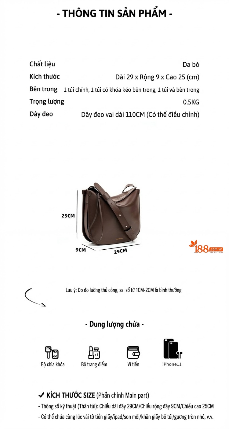 Túi Tote Đeo Chéo Nữ Da Bò Sức Chứa Lớn, Túi Đeo Vai Nữ, Túi Kẹp Nách Màu Đen, Nâu chi tiết 3