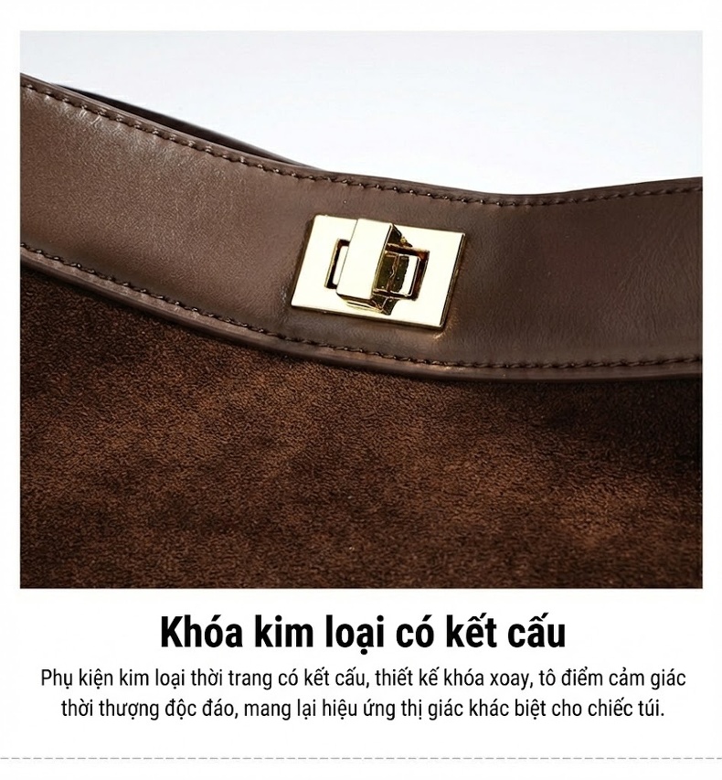 Túi Tote Đeo Chéo Nữ Da Mờ Phong Cách Retro Màu Nâu chi tiết 13