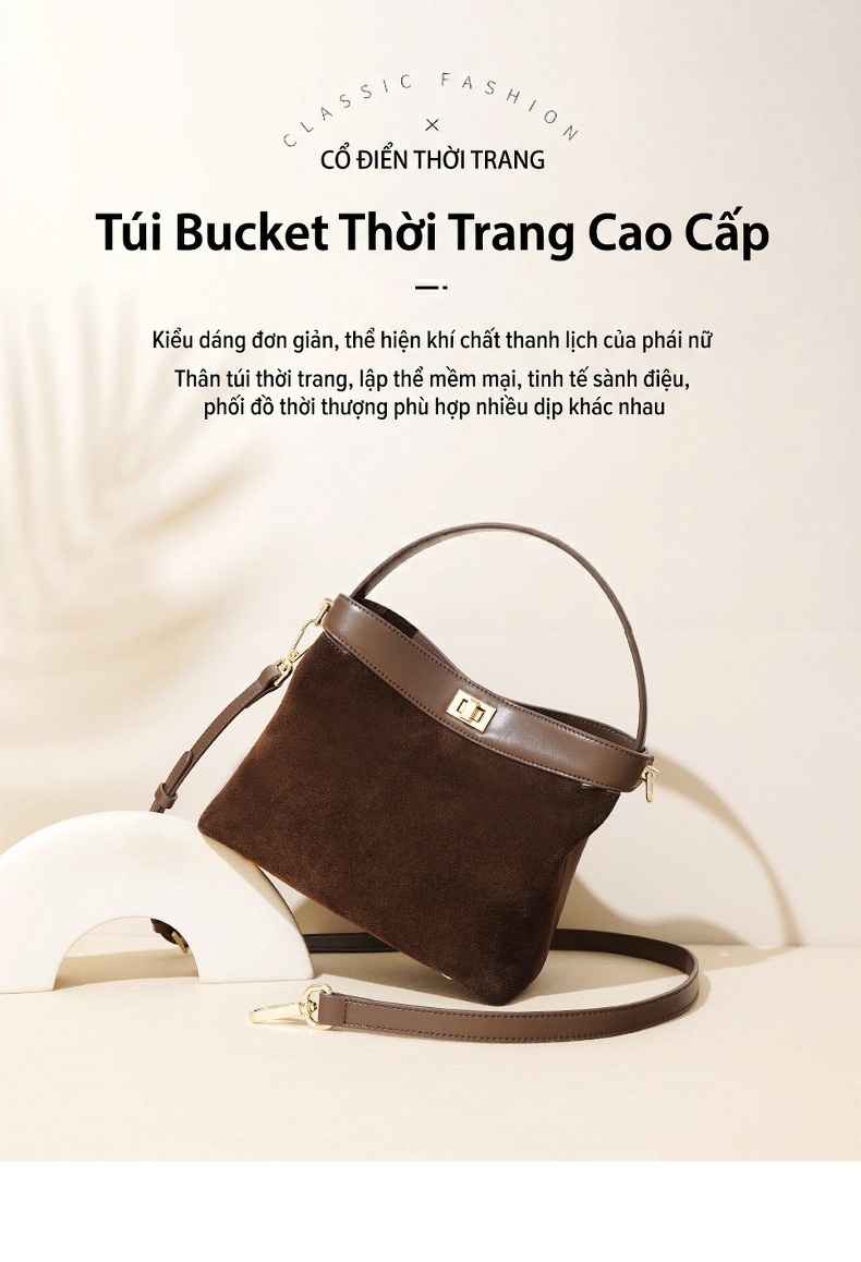 Túi Tote Đeo Chéo Nữ Da Mờ Phong Cách Retro Màu Nâu chi tiết 2
