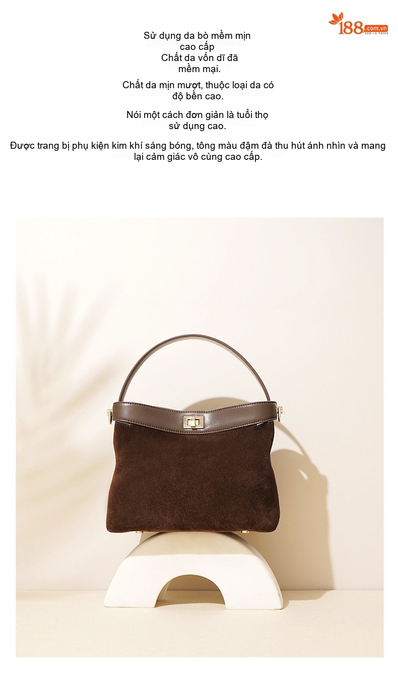Túi Tote Đeo Chéo Nữ Da Mờ Phong Cách Retro Màu Nâu chi tiết 3