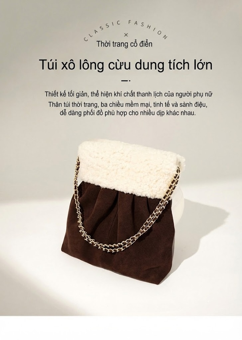 Túi Tote Đeo Vai/Đeo Chéo Lông Cừu Non Dây Xích Phong Cách Tiểu Thư Màu Nâu, Vàng, Xanh Rêu chi tiết 1