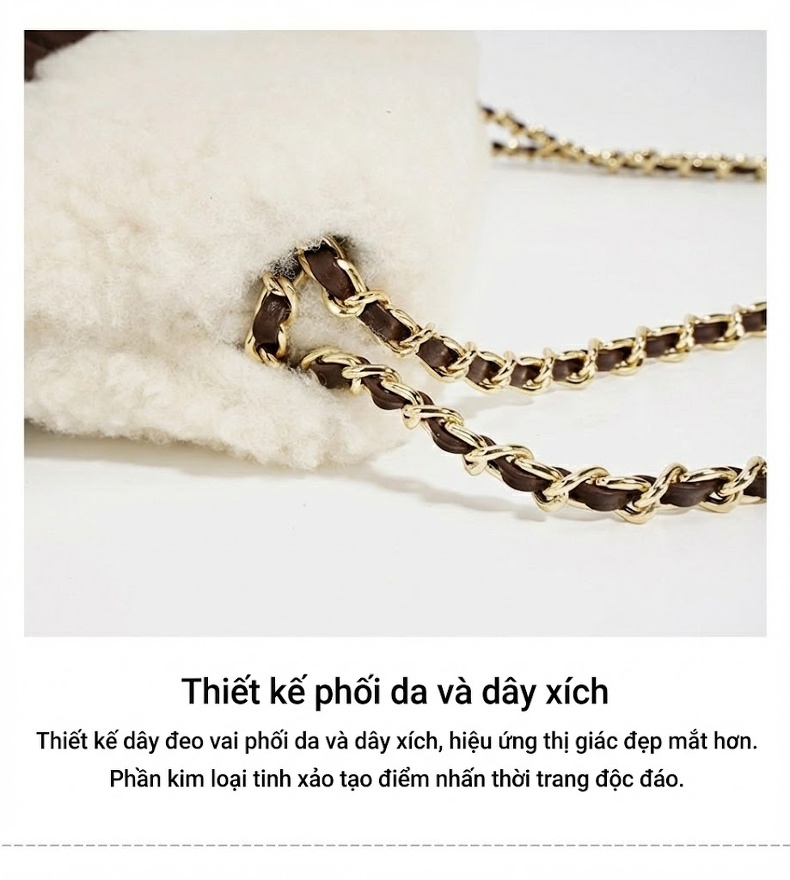 Túi Tote Đeo Vai/Đeo Chéo Lông Cừu Non Dây Xích Phong Cách Tiểu Thư Màu Nâu, Vàng, Xanh Rêu chi tiết 11