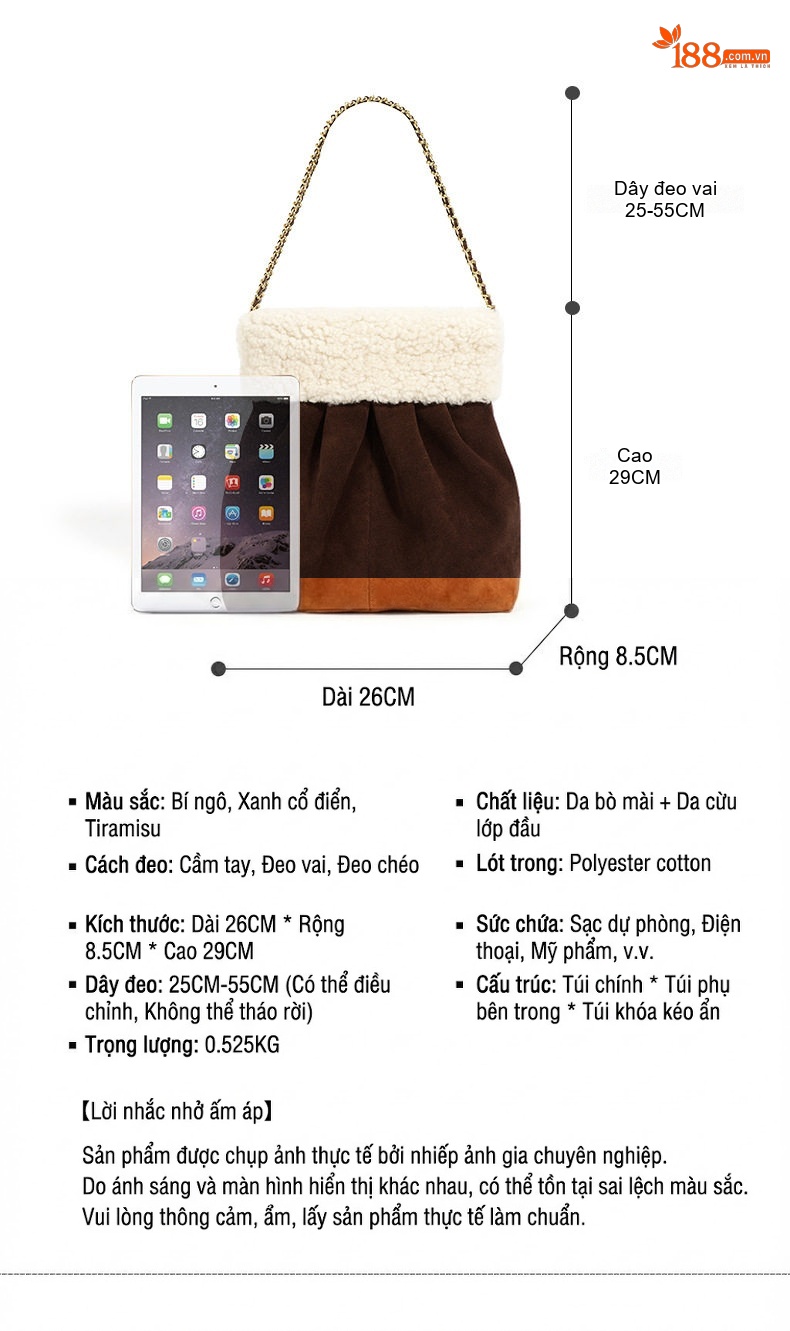 Túi Tote Đeo Vai/Đeo Chéo Lông Cừu Non Dây Xích Phong Cách Tiểu Thư Màu Nâu, Vàng, Xanh Rêu chi tiết 7