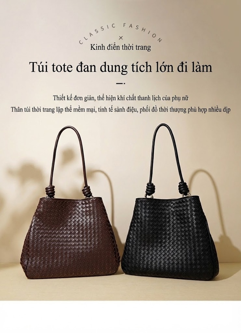 Túi Tote Đeo Vai/Đeo Chéo Nữ Da Bò Dệt Kiểu Dáng Thời Trang Màu Đen, Vàng, Trắng, Xanh... chi tiết 2