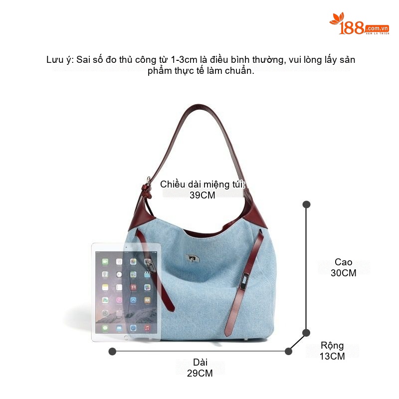 Túi Tote Đeo Vai/Đeo Chéo Nữ Da Bò Phối Vải Jeans Màu Xanh Dương, Đỏ Rượu Vang