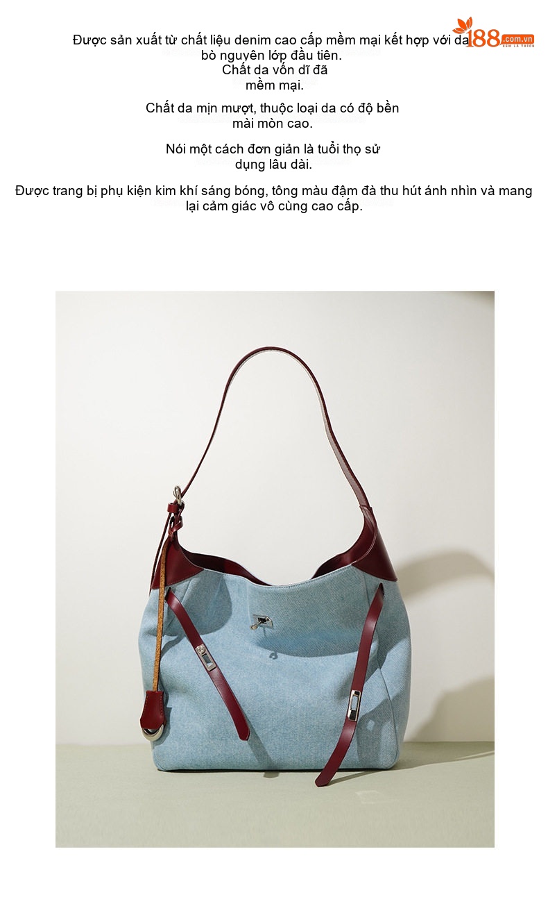 Túi Tote Đeo Vai/Đeo Chéo Nữ Da Bò Phối Vải Jeans Màu Xanh Dương, Đỏ Rượu Vang chi tiết 2