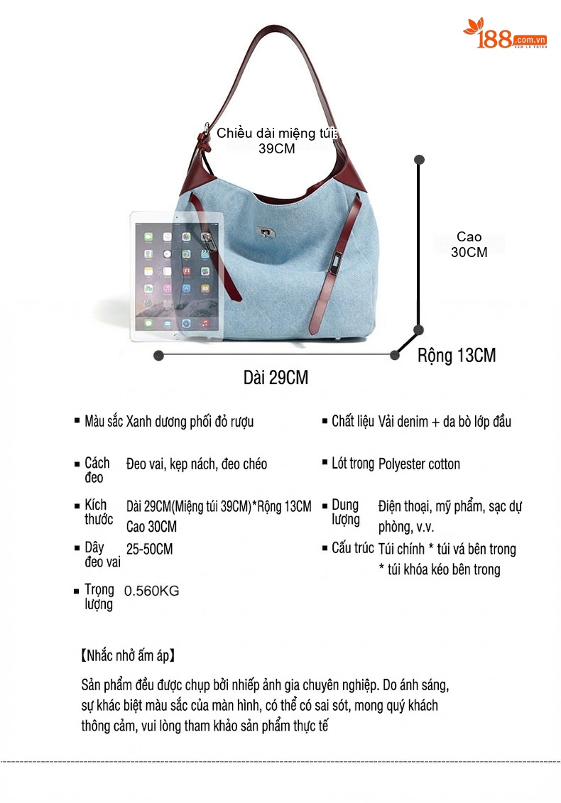 Túi Tote Đeo Vai/Đeo Chéo Nữ Da Bò Phối Vải Jeans Màu Xanh Dương, Đỏ Rượu Vang chi tiết 5