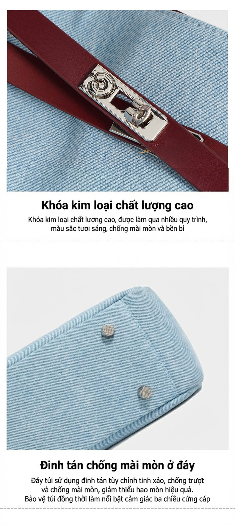 Túi Tote Đeo Vai/Đeo Chéo Nữ Da Bò Phối Vải Jeans Màu Xanh Dương, Đỏ Rượu Vang chi tiết 10