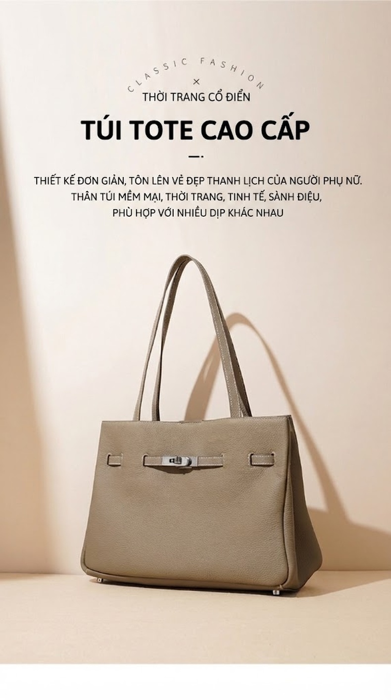 Túi Tote Đeo Vai Nữ Da Bò Lớp Đầu Thiết Kế Tối Giản Sức Chứa Lớn Màu Be, Đen chi tiết 2