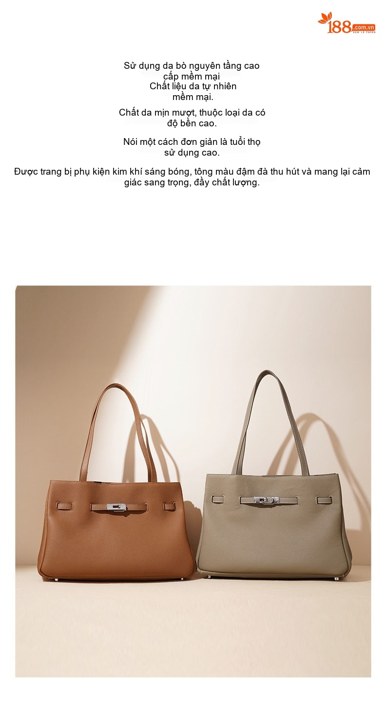 Túi Tote Đeo Vai Nữ Da Bò Lớp Đầu Thiết Kế Tối Giản Sức Chứa Lớn Màu Be, Đen chi tiết 3