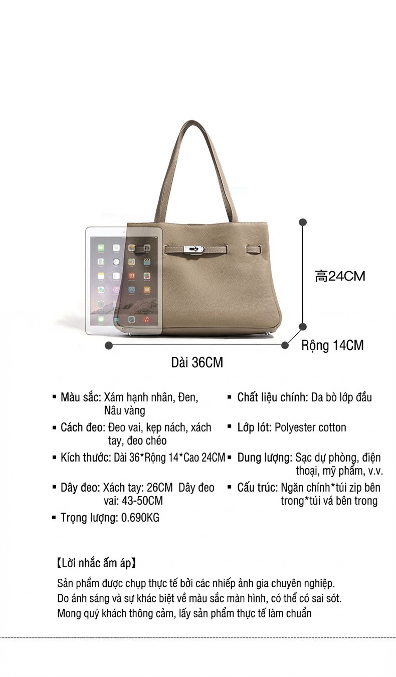 Túi Tote Đeo Vai Nữ Da Bò Lớp Đầu Thiết Kế Tối Giản Sức Chứa Lớn Màu Be, Đen chi tiết 7