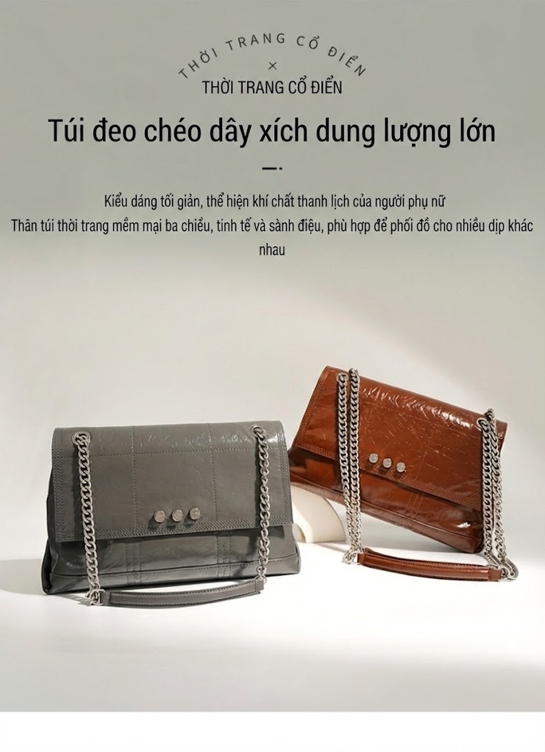 Túi Tote Đeo Vai Nữ Da Bóng Dây Xích Phong Cách Pháp Màu Nâu, Xám chi tiết 1