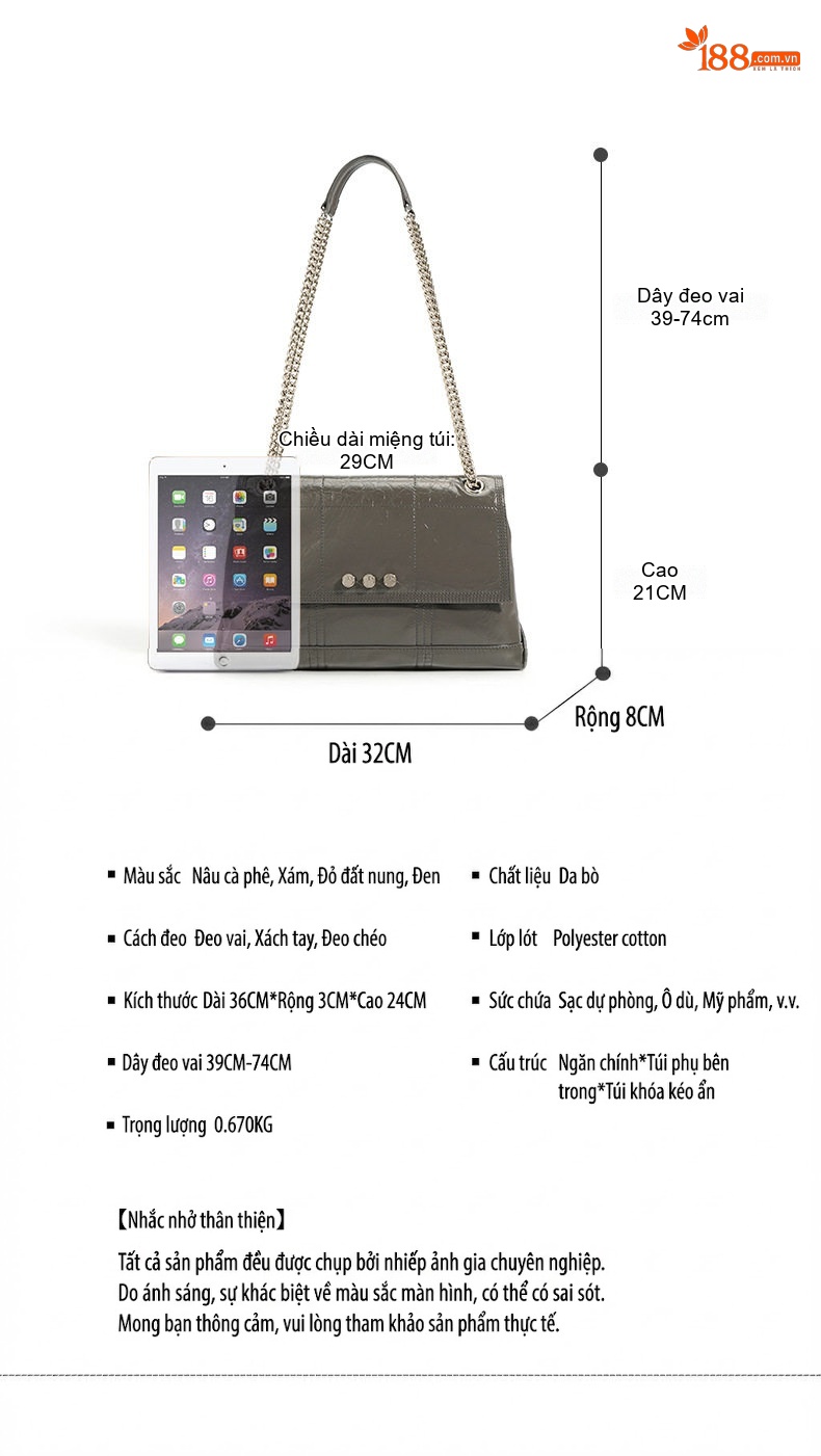 Túi Tote Đeo Vai Nữ Da Bóng Dây Xích Phong Cách Pháp Màu Nâu, Xám chi tiết 4