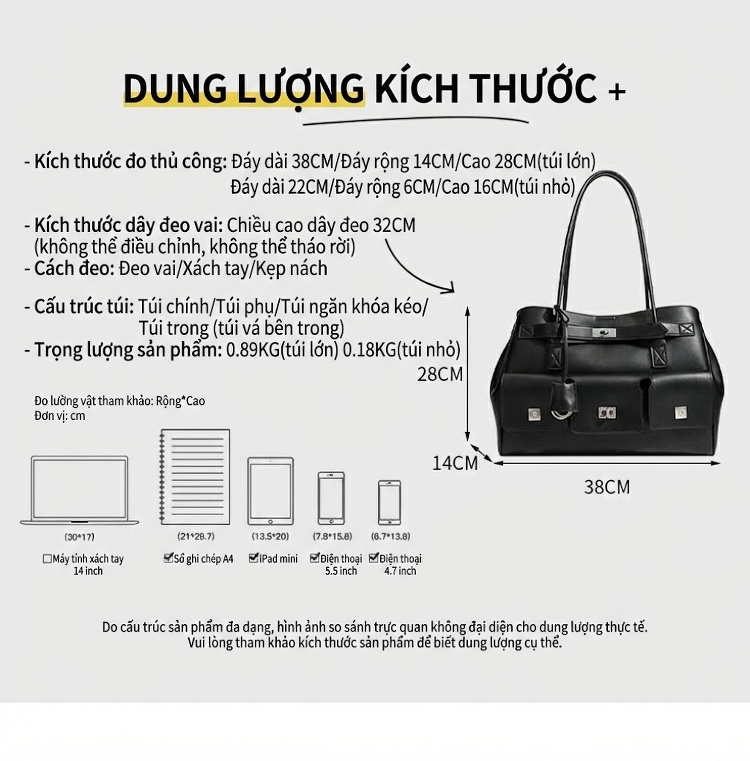 Túi Tote Đeo Vai Nữ Da Bóng Sức Chứa Lớn Phong Cách Punk Kèm Túi Con Màu Đen chi tiết 2