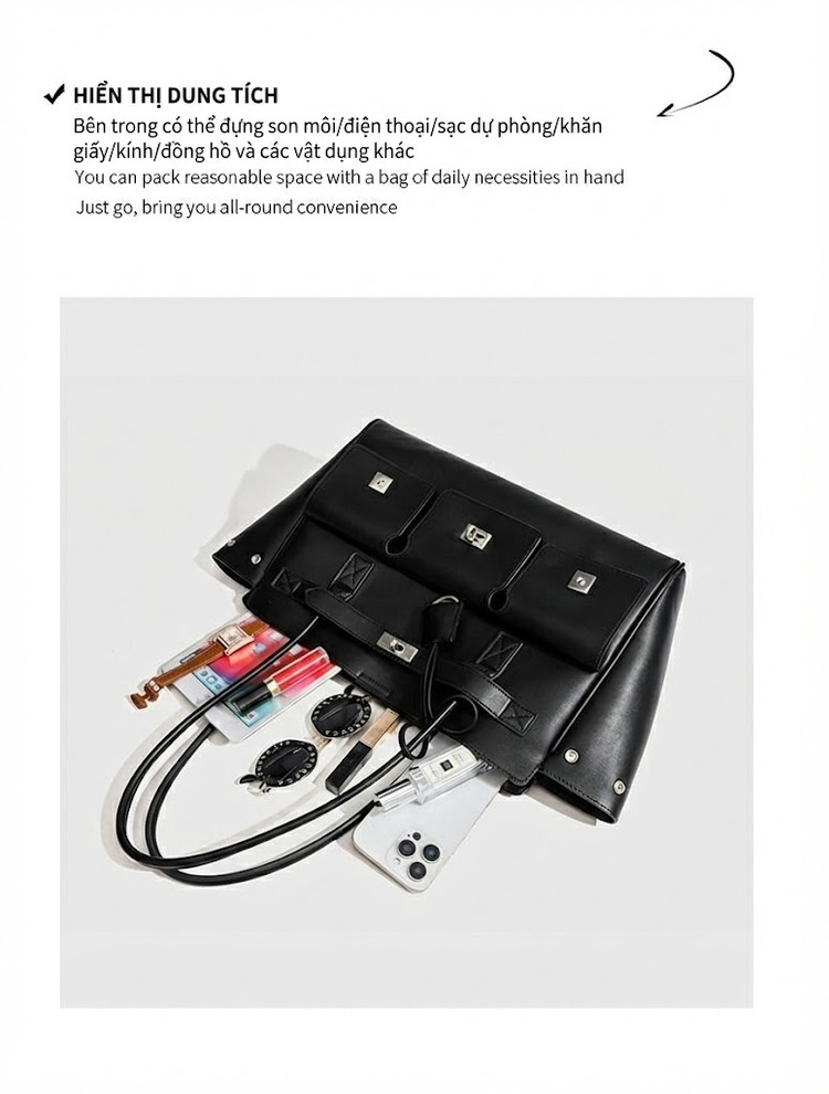 Túi Tote Đeo Vai Nữ Da Bóng Sức Chứa Lớn Phong Cách Punk Kèm Túi Con Màu Đen chi tiết 4
