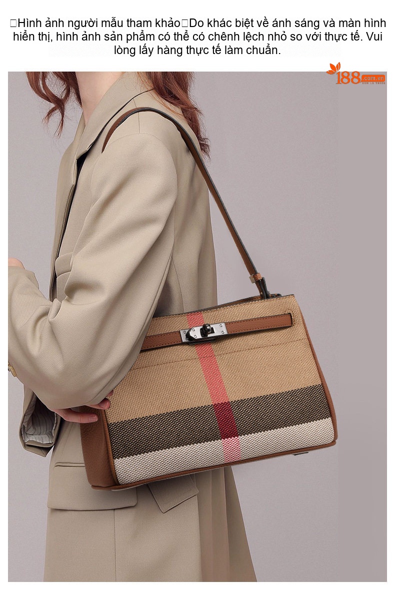 Túi Tote Đeo Vai Vải Canvas Sọc Caro Lớn Sức Chứa Lớn Thời Trang Màu Nâu, Be, Trắng, Đỏ... chi tiết 1