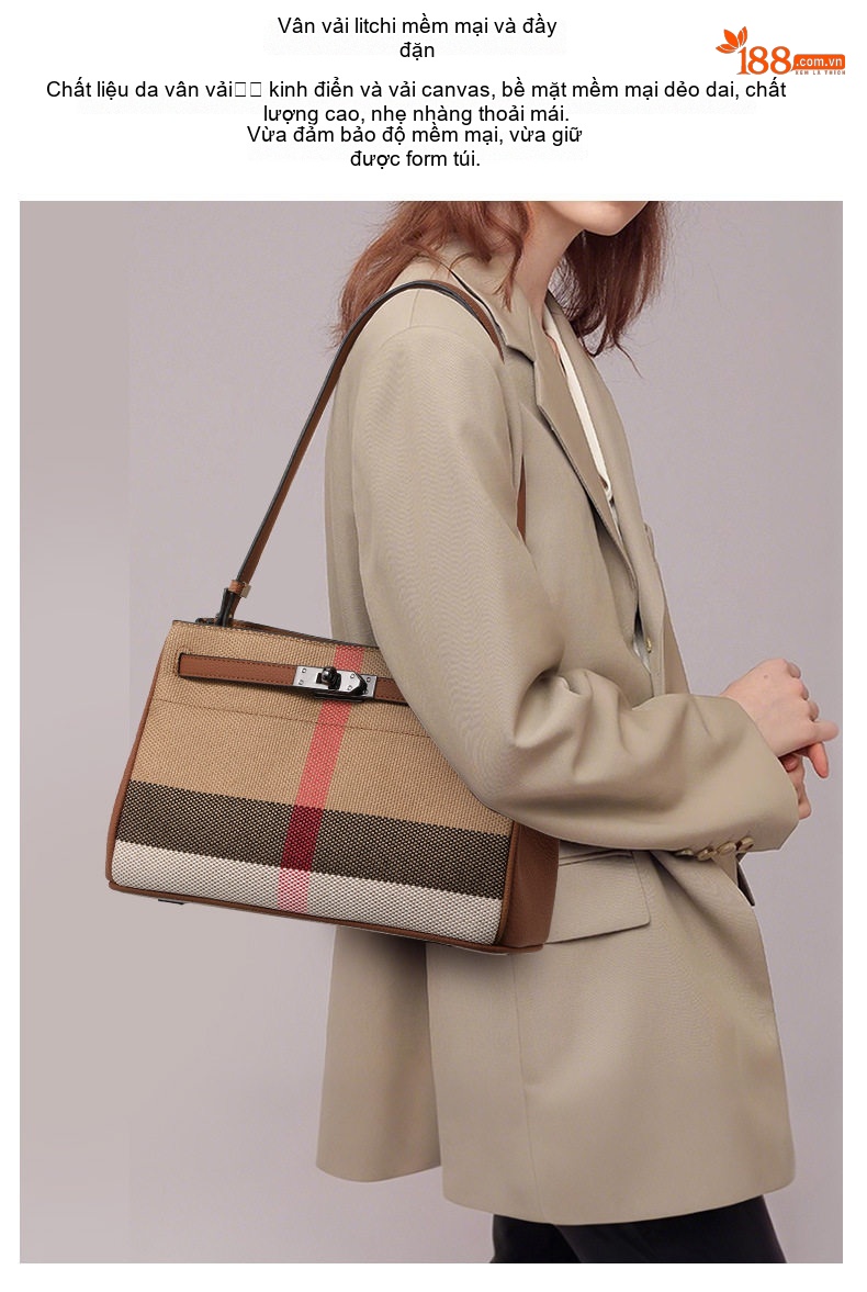 Túi Tote Đeo Vai Vải Canvas Sọc Caro Lớn Sức Chứa Lớn Thời Trang Màu Nâu, Be, Trắng, Đỏ... chi tiết 2