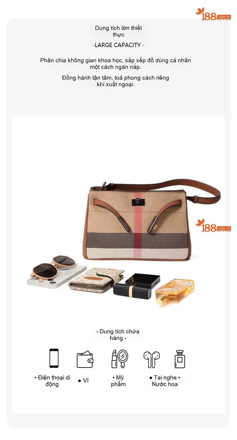 Túi Tote Đeo Vai Vải Canvas Sọc Caro Lớn Sức Chứa Lớn Thời Trang Màu Nâu, Be, Trắng, Đỏ... chi tiết 5