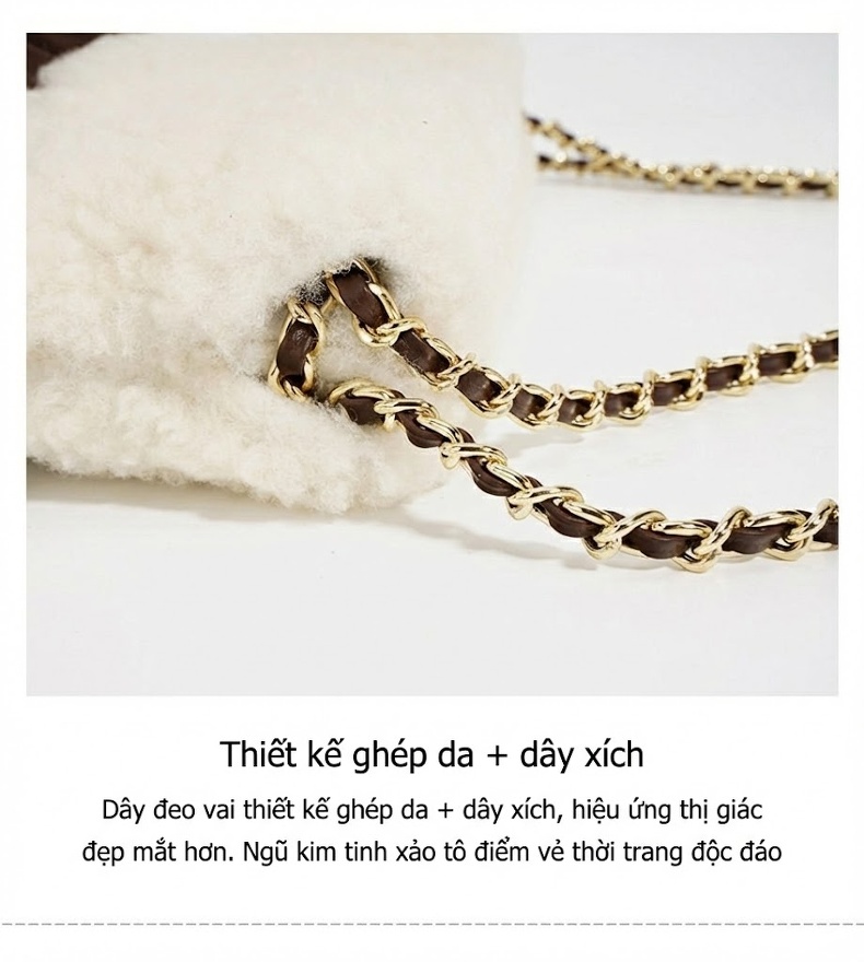 Túi Tote Lông Cừu Non Đeo Vai/Đeo Chéo Dây Xích Phong Cách Tiểu Hương Màu Nâu chi tiết 11