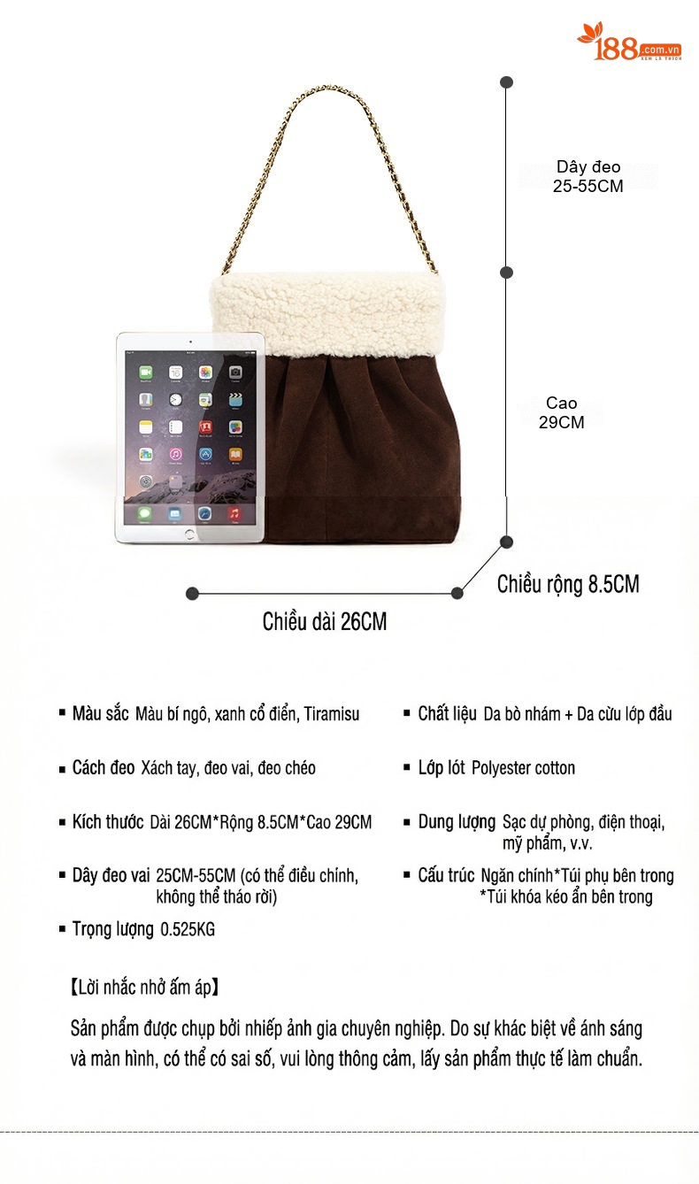 Túi Tote Lông Cừu Non Đeo Vai/Đeo Chéo Dây Xích Phong Cách Tiểu Hương Màu Nâu chi tiết 7