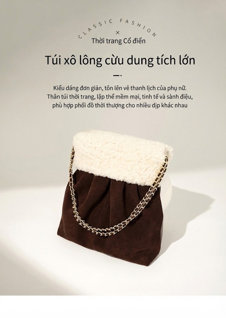 Túi Tote Lông Cừu Non Đeo Vai/Đeo Chéo Dây Xích Phong Cách Tiểu Hương Màu Nâu chi tiết 1