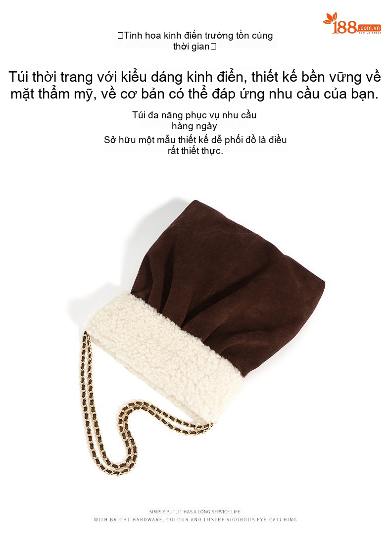 Túi Tote Lông Cừu Non Đeo Vai/Đeo Chéo Dây Xích Phong Cách Tiểu Hương Màu Nâu chi tiết 6