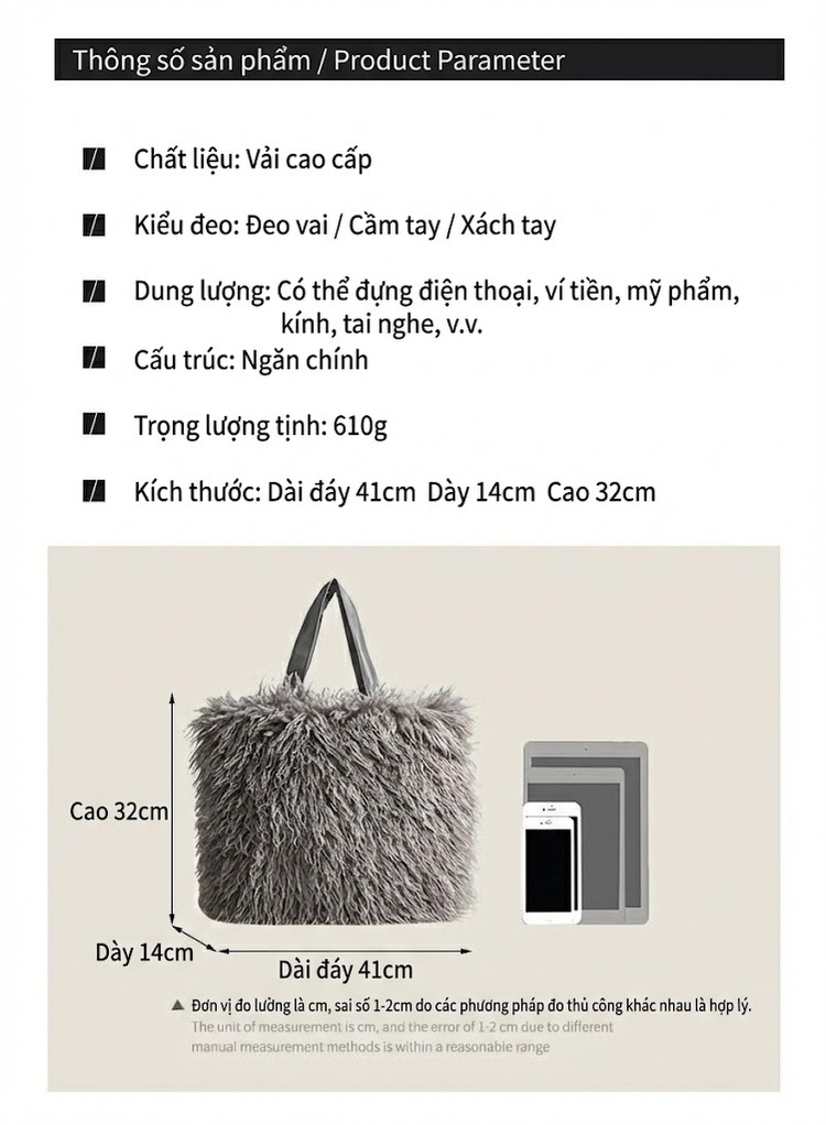 Túi Tote Lông Cừu Non Đựng Vừa Khổ A4 Vintage Y2K Màu Xám chi tiết 5