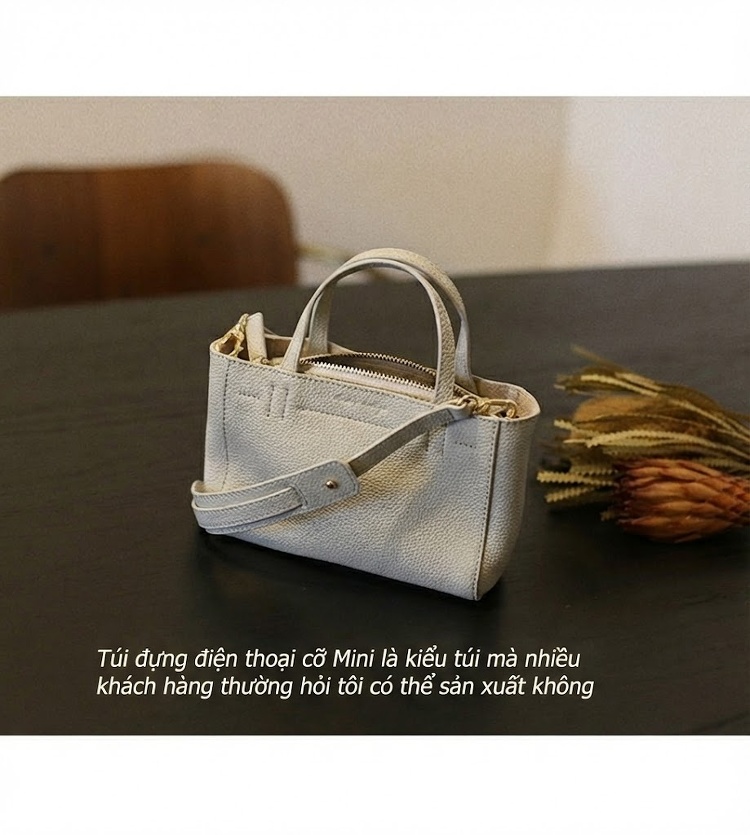 Túi Tote Mini Nữ Da Bò Pháp, Túi Xách Tay Thời Trang Da Thật, Túi Đeo Vai Chéo Màu Vàng Nhạt chi tiết 5