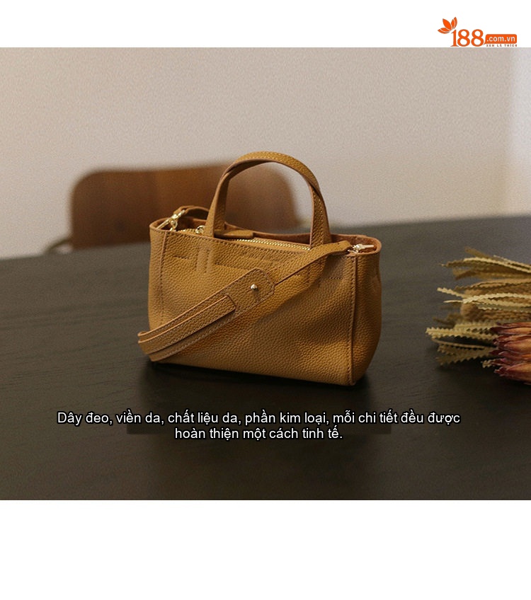 Túi Tote Mini Nữ Da Bò Pháp, Túi Xách Tay Thời Trang Da Thật, Túi Đeo Vai Chéo Màu Vàng Nhạt chi tiết 9