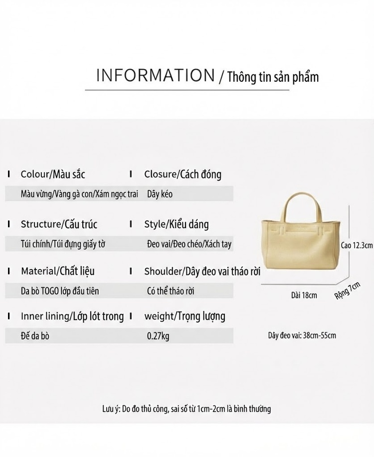 Túi Tote Mini Nữ Da Bò Pháp, Túi Xách Tay Thời Trang Da Thật, Túi Đeo Vai Chéo Màu Vàng Nhạt chi tiết 11