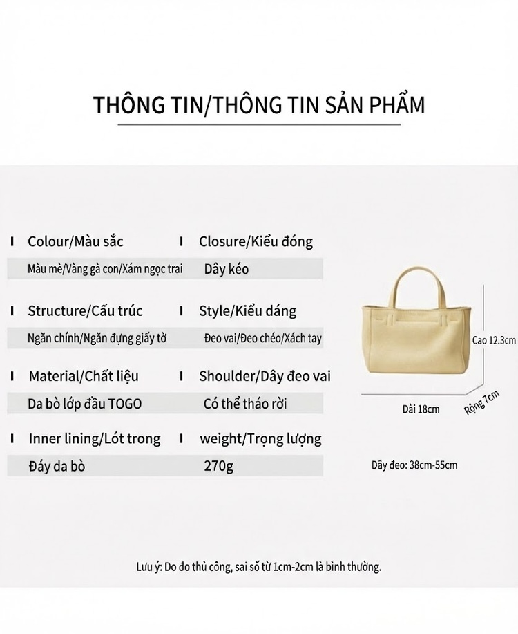 Túi Tote Mini Nữ Da Bò Pháp, Túi Xách Tay Thời Trang Da Thật, Túi Đeo Vai Chéo Màu Vàng Nhạt chi tiết 36