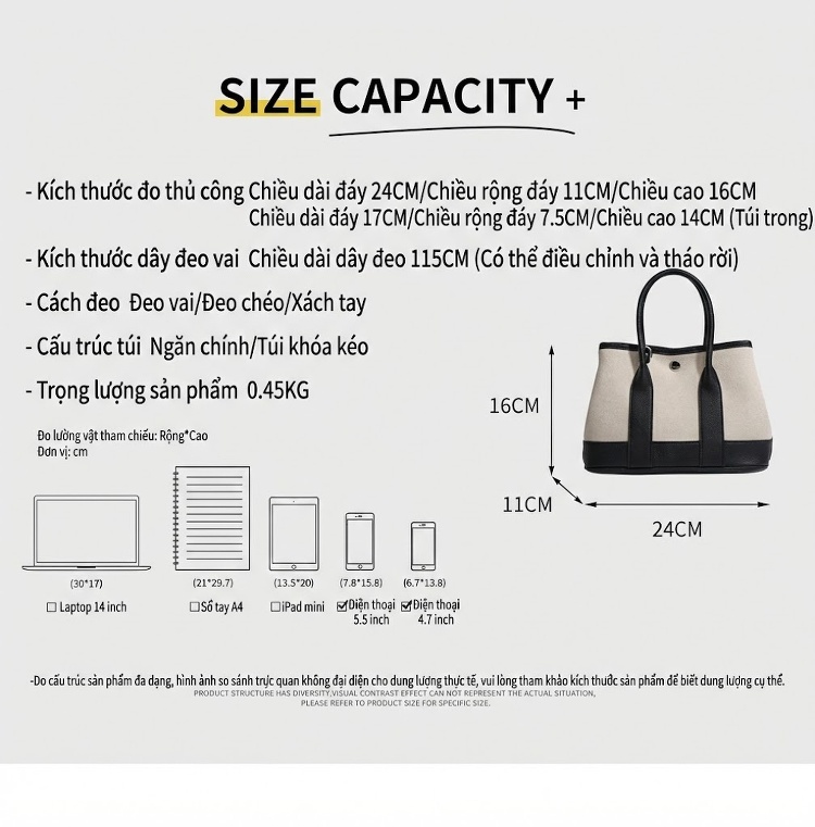 Túi Tote Mini Nữ Vải Canvas Phối Da Đeo Vai, Đeo Chéo Màu Kem, Đen chi tiết 2