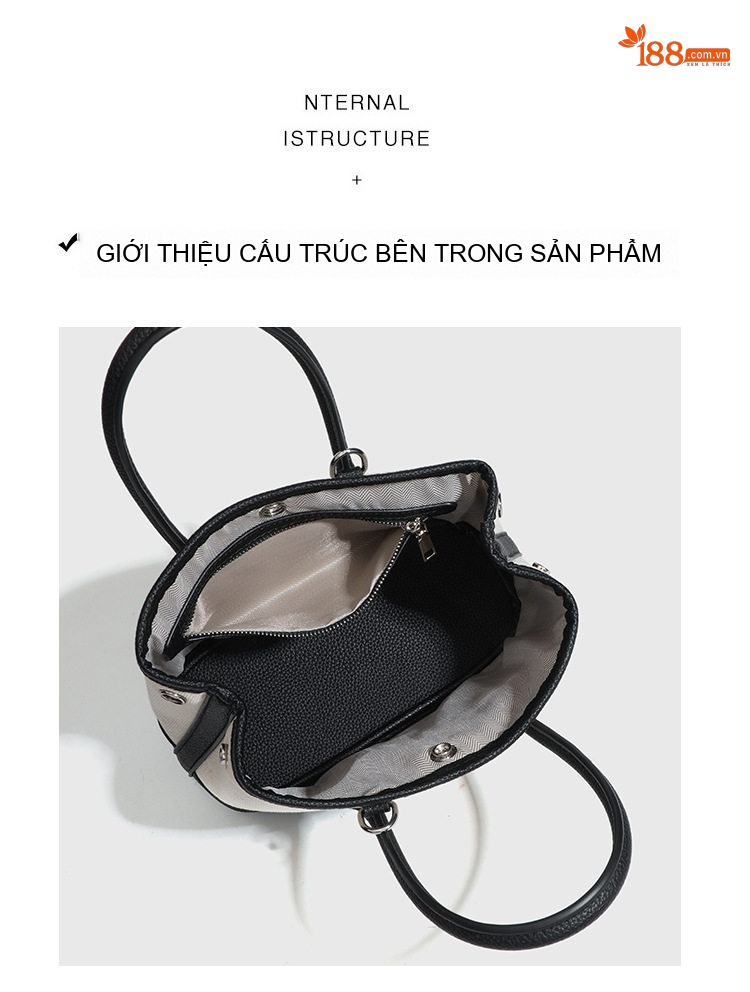 Túi Tote Mini Nữ Vải Canvas Phối Da Đeo Vai, Đeo Chéo Màu Kem, Đen chi tiết 3