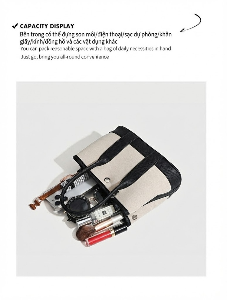 Túi Tote Mini Nữ Vải Canvas Phối Da Đeo Vai, Đeo Chéo Màu Kem, Đen chi tiết 4