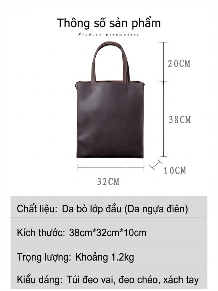 Túi Tote Nam Da Thật Sức Chứa Lớn Đựng Laptop Phong Cách Cổ Điển Màu Nâu chi tiết 1