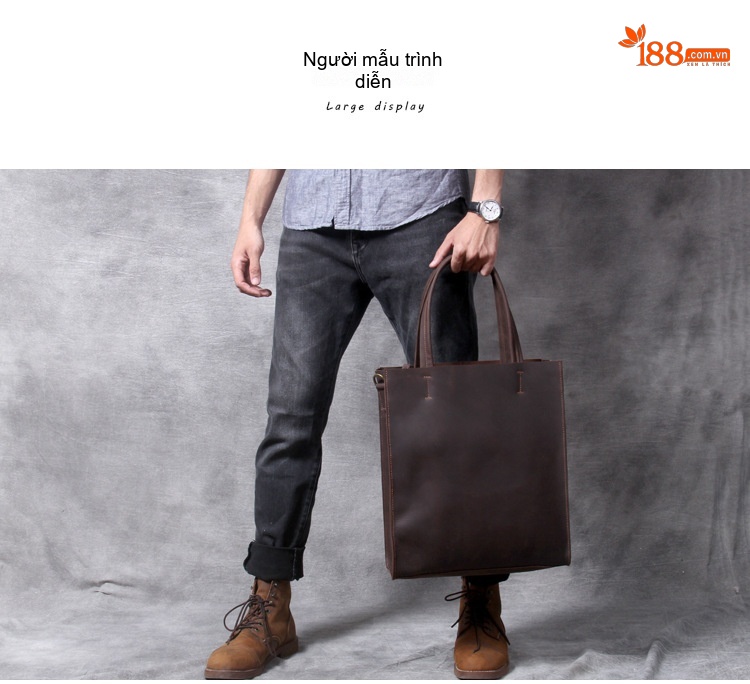 Túi Tote Nam Da Thật Sức Chứa Lớn Đựng Laptop Phong Cách Cổ Điển Màu Nâu chi tiết 2