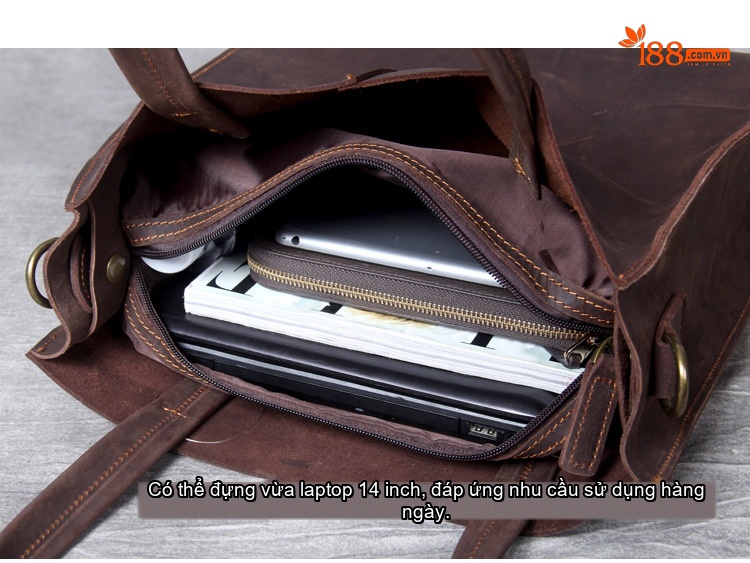 Túi Tote Nam Da Thật Sức Chứa Lớn Đựng Laptop Phong Cách Cổ Điển Màu Nâu chi tiết 15